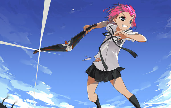 Anime picture 4016x2550 with shangri-la houjou kuniko el-zheng highres pink hair absurdres sky torn clothes serafuku boomerang