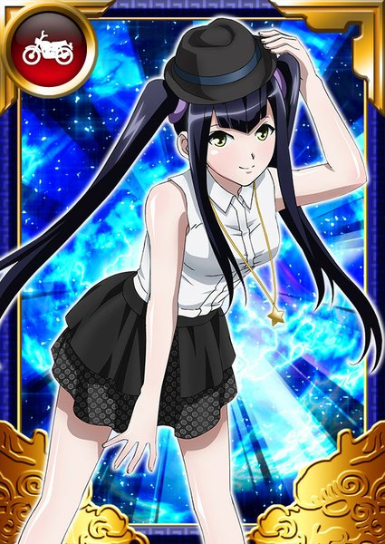 Anime picture 567x800 with ikkitousen saji genpou (true) single long hair tall image looking at viewer black hair twintails yellow eyes light smile card (medium) girl skirt hat pendant