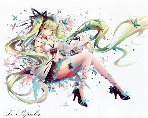 Anime picture 3531x2840 with vocaloid hatsune miku tidsean single highres blue eyes simple background white background twintails bare shoulders absurdres very long hair scan aqua hair official art butterfly on hand girl thighhighs dress navel
