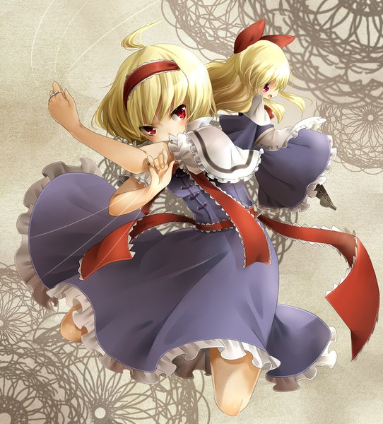 Anime picture 1582x1752 with touhou alice margatroid rojiko tall image short hair blonde hair red eyes girl dress bow hair bow doll (dolls) thread