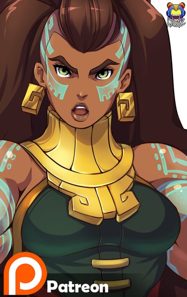 Anime picture 567x900 with league of legends illaoi (league of legends) kyoffie12 single long hair tall image breasts open mouth brown hair large breasts green eyes lips tattoo dark skin facial mark girl earrings