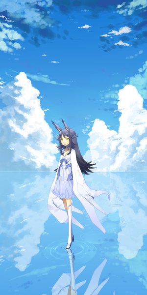 Anime picture 950x1900 with original salmon88 single long hair tall image black hair smile animal ears yellow eyes sky cloud (clouds) bunny ears reflection girl dress bow water cape