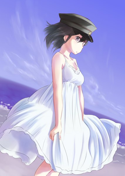 Anime picture 1158x1631 with kantai collection akitsumaru dock landing ship wa (genryusui) single tall image looking at viewer short hair black hair purple eyes bare shoulders sky beach horizon girl dress white dress sea sundress cap