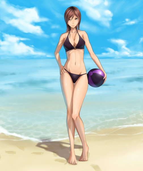 Anime picture 1033x1228 with original massive kagawa single tall image looking at viewer short hair breasts brown hair bare shoulders brown eyes sky cloud (clouds) blurry shadow depth of field legs hand on hip beach girl swimsuit