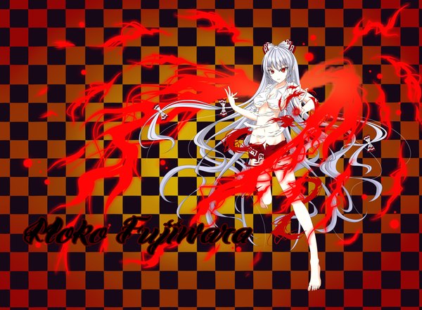 Anime picture 3400x2500 with touhou fujiwara no mokou gmot single long hair highres red eyes absurdres silver hair checkered background girl bow hair bow shorts fire