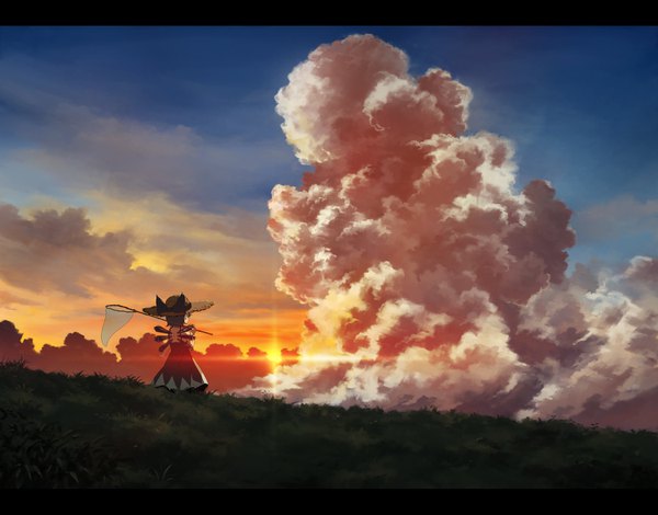 Anime picture 1500x1175 with touhou cirno sasaj single short hair standing blue hair sky cloud (clouds) from behind sunlight evening sunset letterboxed sunbeam twilight girl dress plant (plants) hat