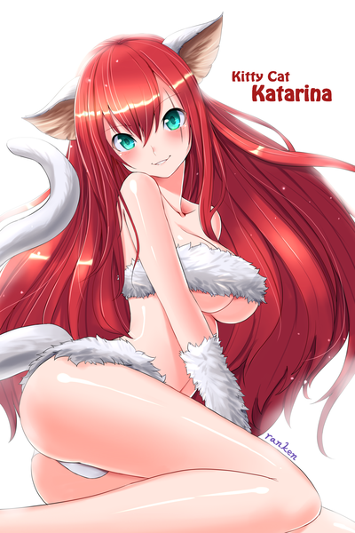 Anime picture 1920x2880 with league of legends katarina (league of legends) ranken single long hair tall image looking at viewer blush fringe highres breasts light erotic smile animal ears red hair tail animal tail aqua eyes cat ears cat girl