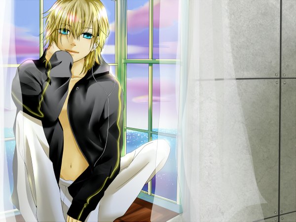 Anime picture 1260x945 with vocaloid kagamine len sakura i (artist) single blonde hair aqua eyes open clothes boy navel jacket window pants wire (wires)