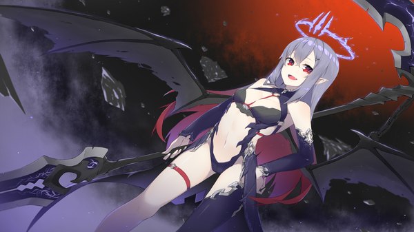 Anime picture 1920x1080 with original fhang single long hair looking at viewer fringe highres breasts open mouth light erotic smile hair between eyes red eyes wide image standing holding red hair :d multicolored hair pointy ears