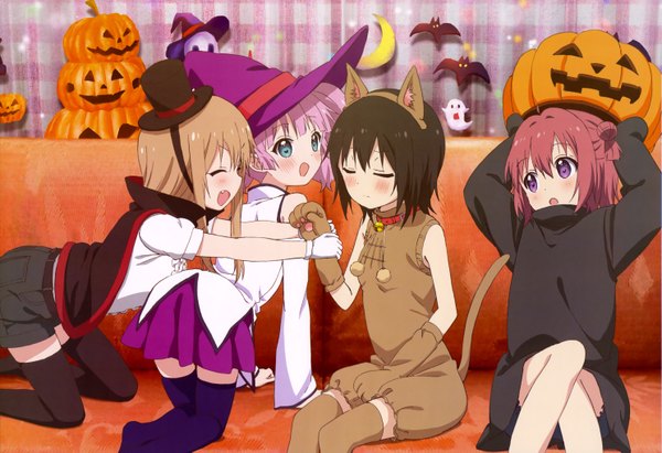 Anime picture 5947x4074 with yuru yuri doga kobo nyantype toshinou kyouko akaza akari yoshikawa chinatsu funami yui blush highres short hair open mouth blue eyes black hair brown hair sitting purple eyes multiple girls animal ears pink hair absurdres