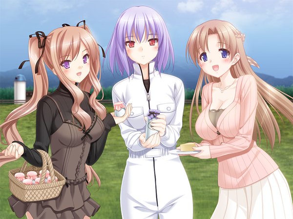 Anime picture 1200x900 with konayuki fururi red eyes brown hair purple eyes multiple girls game cg purple hair girl 3 girls