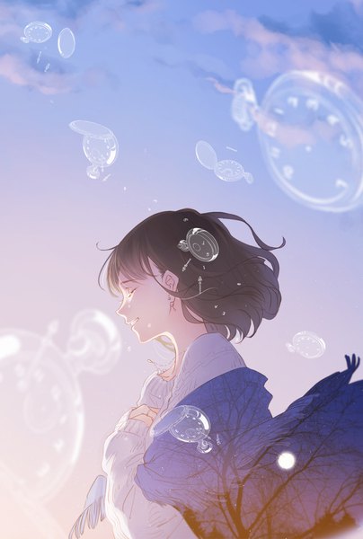 Anime picture 719x1066 with original ajimita single tall image fringe short hair brown hair sky cloud (clouds) upper body outdoors eyes closed long sleeves parted lips profile wind blurry tears crying hands clasped