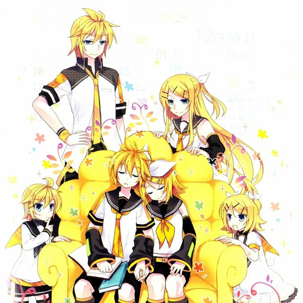 Anime picture 1400x1400 with vocaloid kagamine rin kagamine len tamura hiro long hair short hair blue eyes blonde hair multiple girls ahoge multiple boys two side up hand on hip half updo sleeping age progression future style (module) girl boy hair ornament