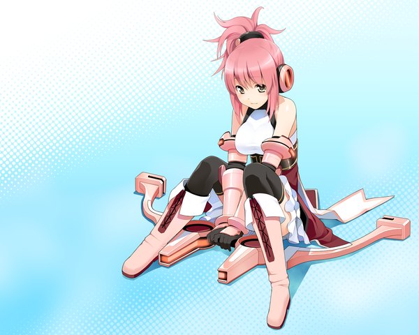 Anime picture 1280x1024 with cosmic break melfi single short hair simple background sitting brown eyes pink hair girl thighhighs black thighhighs boots thigh boots