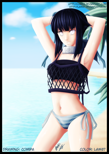 Anime picture 782x1100 with naruto studio pierrot naruto (series) hyuuga hinata law67 single long hair tall image light erotic blue hair sky cloud (clouds) bare belly armpit (armpits) midriff beach coloring arms behind head framed white eyes