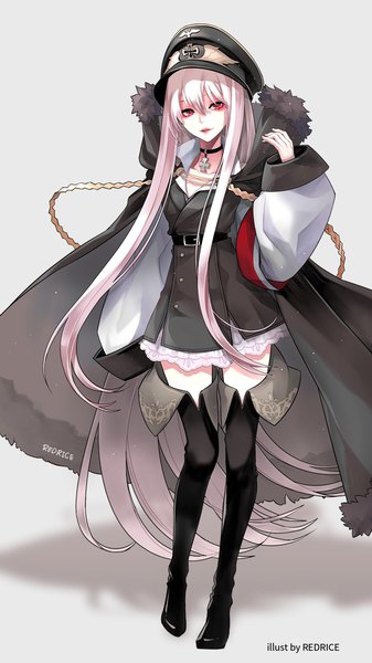 Anime picture 664x1181 with girls frontline kar98k (girls frontline) redrice single tall image looking at viewer fringe simple background hair between eyes red eyes standing signed payot silver hair full body very long hair parted lips grey background open clothes puffy sleeves