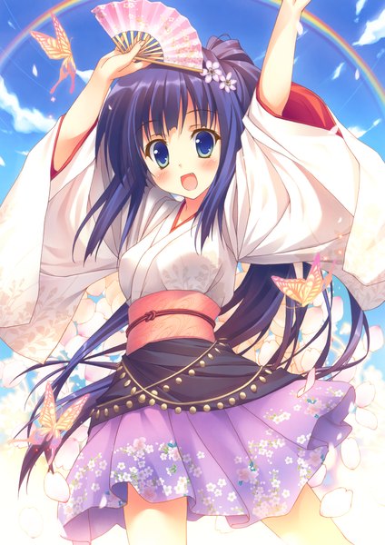 Anime picture 3248x4601 with original eshi 100-nin ten saeki nao single long hair tall image blush highres open mouth blue hair absurdres ponytail traditional clothes multicolored eyes girl petals insect butterfly fan rainbow
