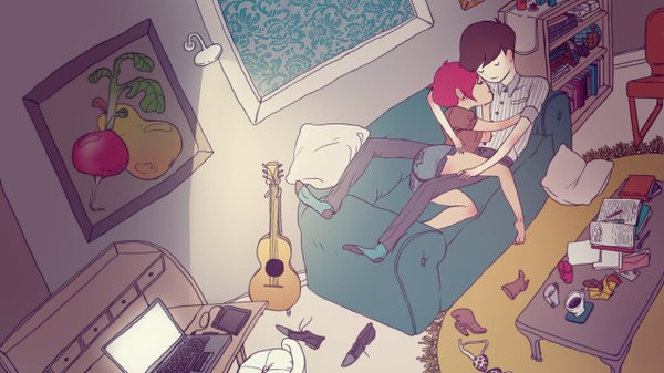 Anime picture 1280x720 with andrahilde short hair brown hair wide image red hair eyes closed barefoot no shoes couple hug sleeping girl boy shoes shorts book (books) couch table cup guitar