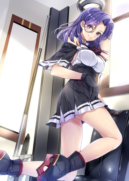 Anime picture 1110x1553 with kantai collection tatsuta light cruiser kobayashi chisato single tall image looking at viewer short hair breasts smile purple eyes purple hair bent knee (knees) indoors pleated skirt sunlight from below hand on hip thighs kneeling remodel (kantai collection)