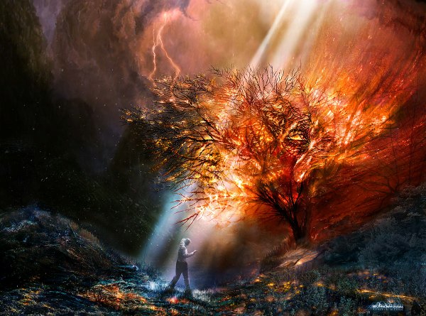 Anime picture 1200x890 with alexiuss cloud (clouds) sunlight landscape lightning plant (plants) tree (trees) fire god's retribution