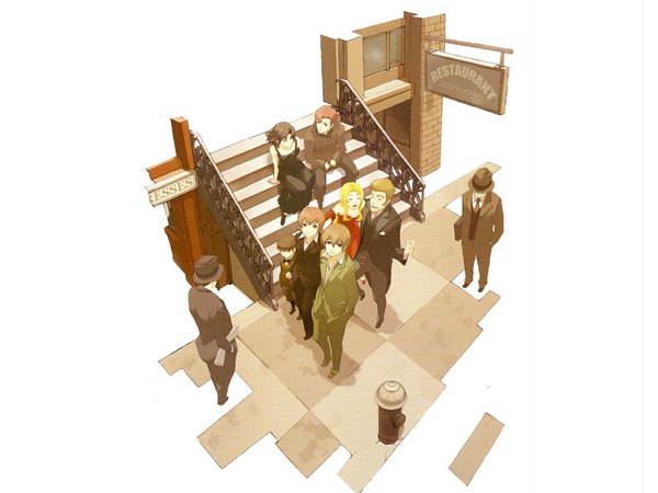 Anime picture 1152x864 with baccano! chane laforet firo prochainezo claire stanfield miria harvent isaac dian ennis czeslaw meyer short hair blonde hair smile red eyes brown hair white background brown eyes red hair eyes closed city group hand in pocket