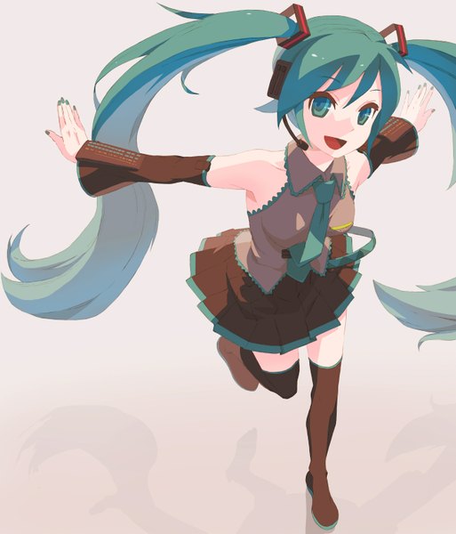 Anime picture 1300x1520 with vocaloid hatsune miku tomioka jirou single long hair tall image smile twintails nail polish aqua eyes aqua hair spread arms girl detached sleeves necktie thigh boots microphone