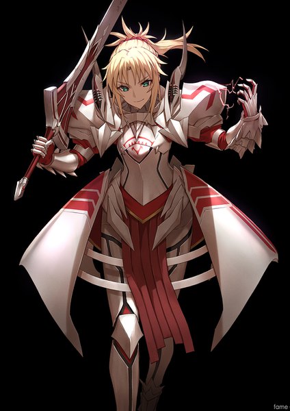 Anime picture 919x1300 with fate (series) fate/grand order mordred (fate) fame peera single long hair tall image looking at viewer blonde hair simple background holding green eyes ponytail light smile black background girl weapon sword armor spaulder (spaulders)