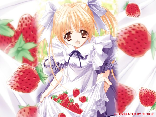 Anime picture 1024x768 with tinker bell long hair blonde hair twintails brown eyes wallpaper dress food apron berry (berries) strawberry