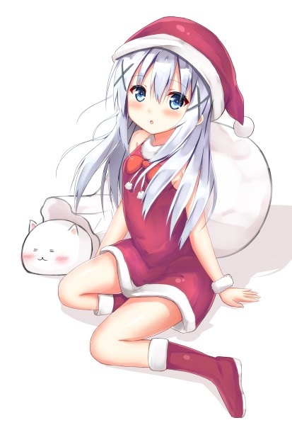 Anime picture 1652x2400 with gochuumon wa usagi desu ka? white fox kafuu chino tippy (gochiusa) tukisiro nao single long hair tall image looking at viewer blush fringe open mouth blue eyes simple background hair between eyes white background sitting bare shoulders silver hair bent knee (knees)