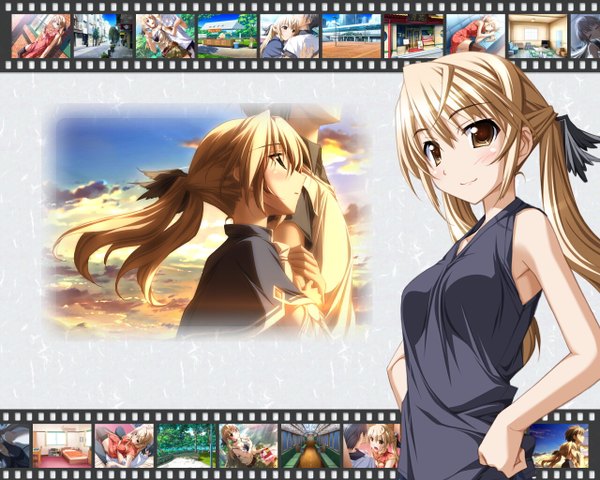 Anime picture 1280x1024 with ashita no kimi to au tame ni long hair looking at viewer blush fringe light erotic blonde hair smile standing brown eyes upper body ponytail profile couple hand on hip hug multiview arm hug girl thighhighs