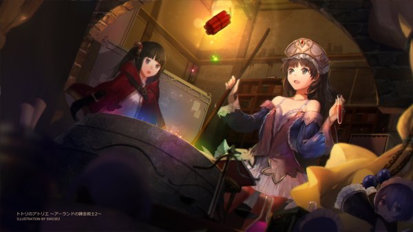 Anime picture 2268x1276 with atelier (series) atelier totori gust (company) totooria helmold mimi houllier von schwarzlang chim (atelier) swd3e2 long hair looking at viewer fringe highres short hair open mouth black hair smile hair between eyes brown hair wide image purple eyes bare shoulders