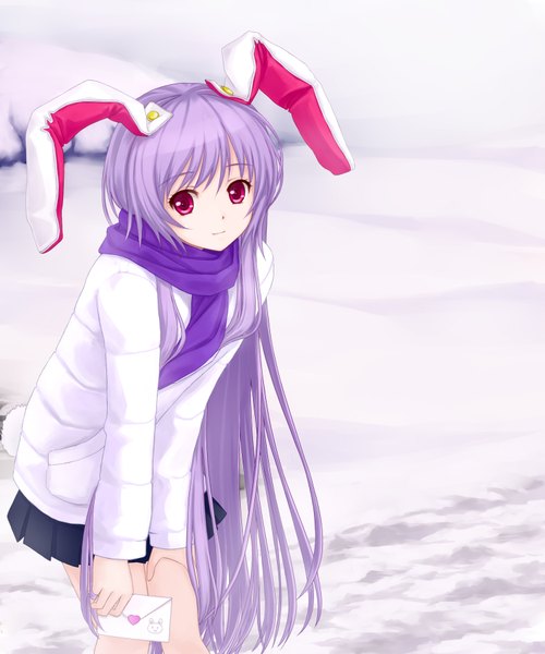 Anime picture 1500x1800 with touhou reisen udongein inaba tucana single long hair tall image smile red eyes animal ears purple hair bunny ears bunny girl winter snow girl scarf letter love letter
