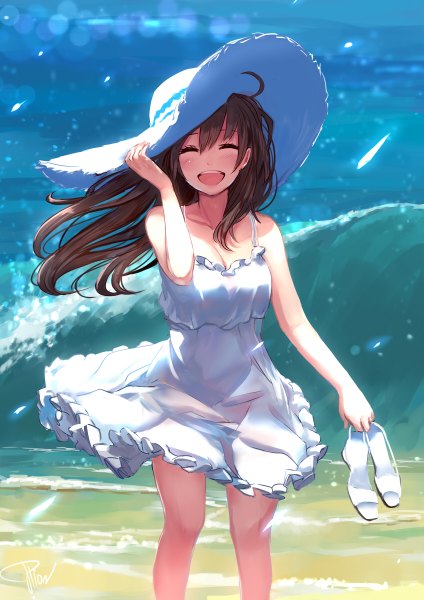 Anime picture 848x1200 with original potion lilac (popopotionu) single long hair tall image blush fringe open mouth smile hair between eyes brown hair standing holding signed ahoge eyes closed wind sunlight shadow sleeveless