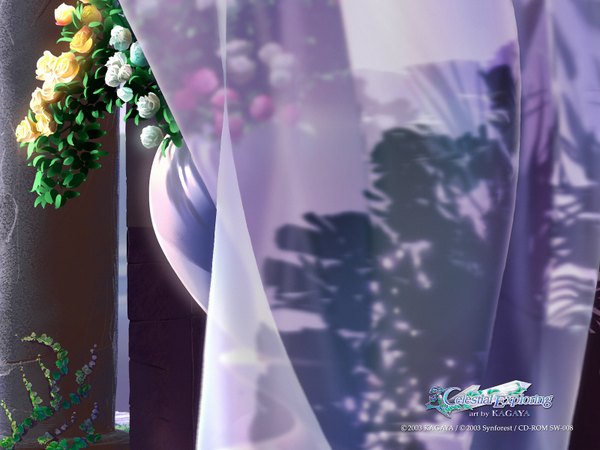 Anime picture 1600x1200 with original kagaya sunlight shadow no people transparent 3d flower (flowers) plant (plants) curtains vase celestial exploring