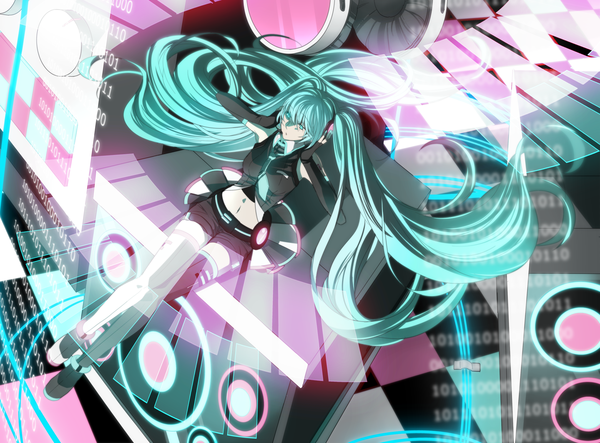 Anime picture 1561x1155 with vocaloid hatsune miku setsu (artist) single long hair twintails green eyes aqua hair midriff girl gloves navel elbow gloves shorts