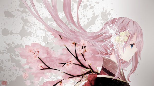 Anime picture 1600x900 with vocaloid megurine luka itamidome single long hair blue eyes wide image pink hair japanese clothes profile hair flower cherry blossoms girl hair ornament petals