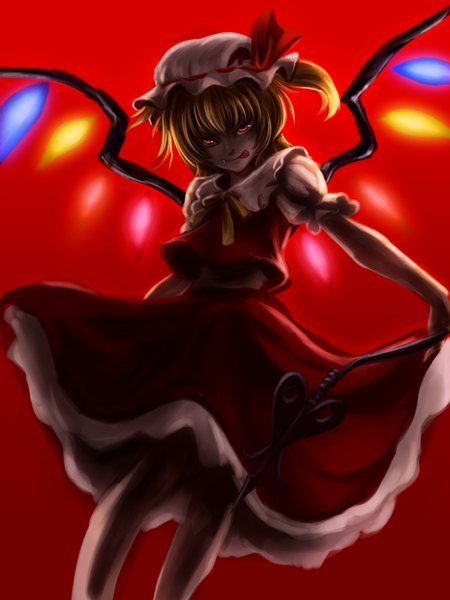 Anime picture 1200x1600 with touhou flandre scarlet konowa (artist) single tall image short hair blonde hair red eyes one side up girl dress skirt weapon wings tongue bonnet skirt set laevatein (touhou)