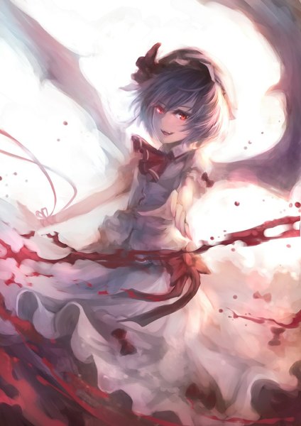 Anime picture 744x1053 with touhou remilia scarlet ks single tall image looking at viewer fringe short hair open mouth red eyes purple hair bat wings girl skirt bow ribbon (ribbons) wings blood bonnet