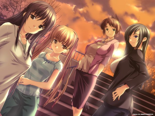 Anime picture 1600x1200 with long hair looking at viewer fringe short hair breasts blonde hair smile brown hair large breasts standing purple eyes multiple girls brown eyes green eyes sky red sky soft beauty girl 4 girls