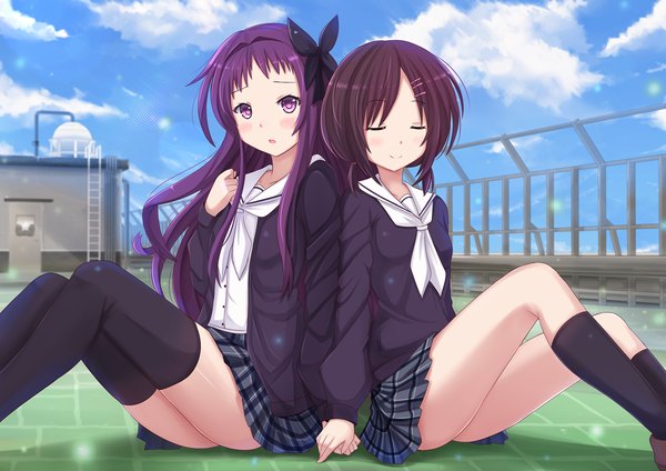 Anime picture 1445x1022 with hanayamata madhouse sekiya naru sasame yaya kazenokaze long hair blush short hair light erotic black hair sitting purple eyes multiple girls sky purple hair cloud (clouds) eyes closed girl thighhighs skirt