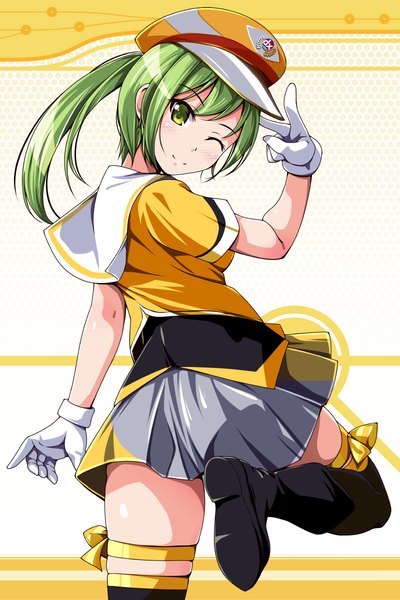 Anime picture 800x1200 with beatmania beatmania iidx matsunaga kouyou single long hair tall image looking at viewer blush smile green eyes one eye closed green hair wink girl thighhighs dress gloves black thighhighs hat boots