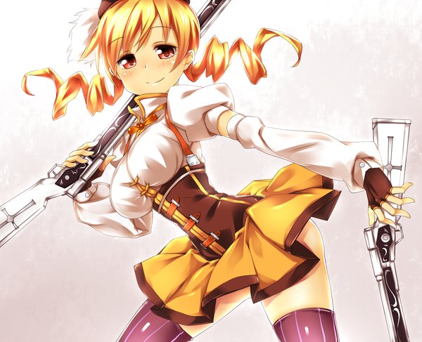 Anime picture 1476x1200 with mahou shoujo madoka magica shaft (studio) tomoe mami keikotsu (artist) single long hair looking at viewer blush simple background blonde hair smile red eyes twintails drill hair underbust weapon over shoulder girl thighhighs gloves weapon