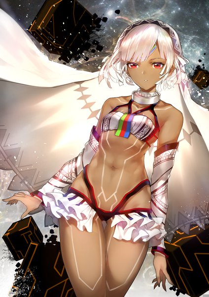 Anime picture 1653x2338 with fate (series) fate/grand order altera (fate) horz single tall image looking at viewer short hair light erotic red eyes standing white hair nail polish parted lips fingernails :o midriff thigh gap dark skin ass visible through thighs