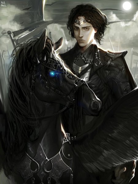 Anime picture 800x1067 with original alle page single tall image looking at viewer short hair black hair signed cloud (clouds) grey eyes tears black wings boy animal wings armor bird (birds) flag horse spikes