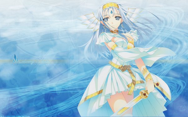 Anime picture 1920x1200 with silvery white elissa ishuchel murakami suigun long hair highres blue eyes simple background wide image blue hair wallpaper blue background girl dress detached sleeves sword hairband white dress jewelry