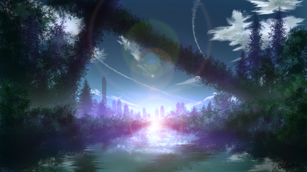 Anime picture 1920x1080 with original tsuruzen highres wide image sky cloud (clouds) lens flare evening sunset no people landscape river nature plant (plants) tree (trees) forest