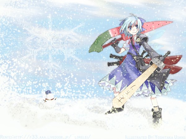 Anime picture 1024x768 with advent cirno touhou cirno snowing winter snow girl sword