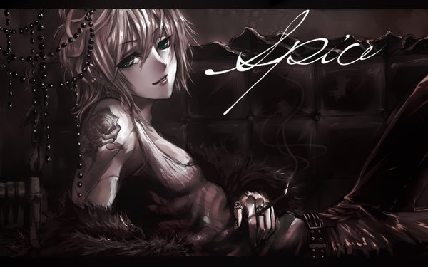 Anime picture 1600x1000 with vocaloid spice! (vocaloid) kagamine len karlwolf single wide image green eyes white hair tattoo letterboxed smoke boy jewelry ring cigarette