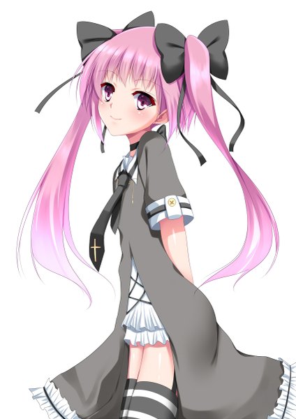 Anime picture 849x1200 with original yappen single long hair tall image simple background smile white background twintails pink hair pink eyes girl thighhighs dress bow hair bow necktie striped thighhighs