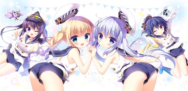 Anime picture 1500x725 with gochuumon wa usagi desu ka? white fox kafuu chino tedeza rize kirima sharo jouga maya sasai saji long hair blush short hair open mouth blue eyes light erotic black hair blonde hair wide image purple eyes multiple girls brown eyes blue hair